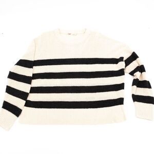 Faherty Womens L Sweater Cream Black Knit Linen Organic Cotton Long Sleeve